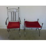 A wrought iron handmade footstool and a wrought iron handmade chair