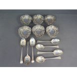 Six hallmarked silver bon bon dishes and seven hallmarked silver teaspoons - Total weight approx. 9.