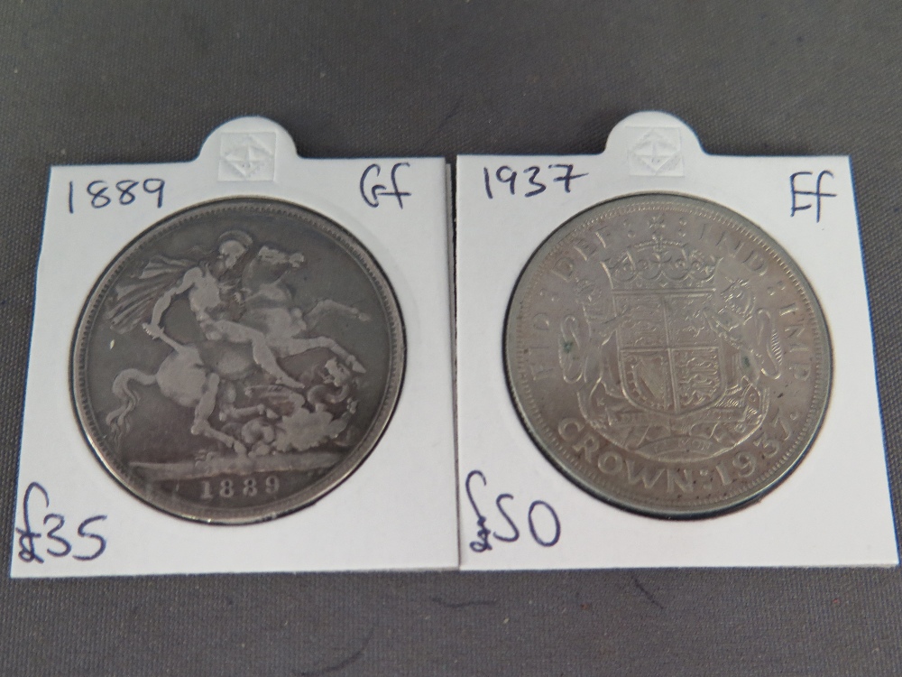 A 1937 silver Crown high grade and a 1889 silver Crown GF