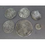Six hammered metal coins, one 5.8 g - diameter 2.5 cm, four approx. 1.