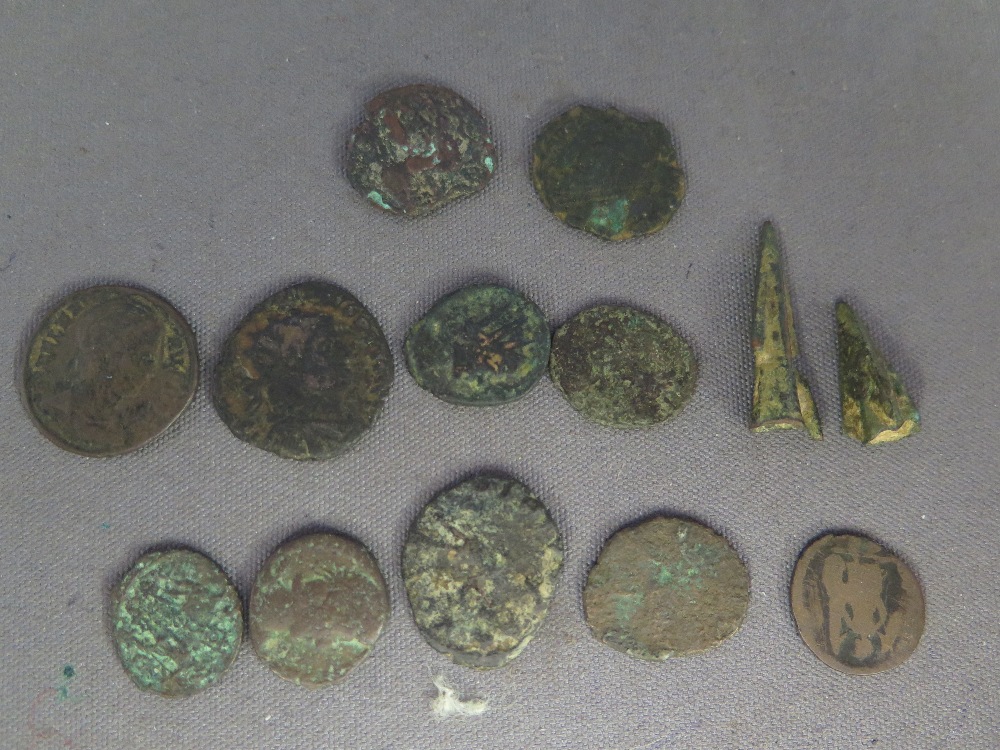 Eleven Roman bronze coins and two arrow heads - Image 3 of 4