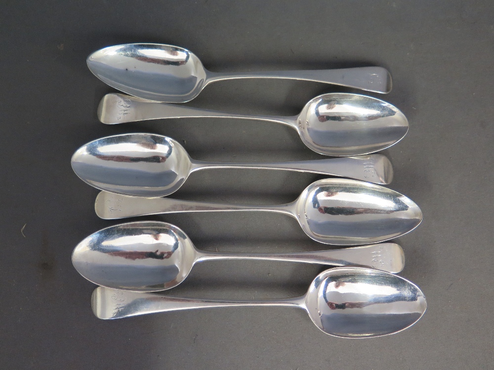 Six Georgian silver serving spoons, two dated London 1802,