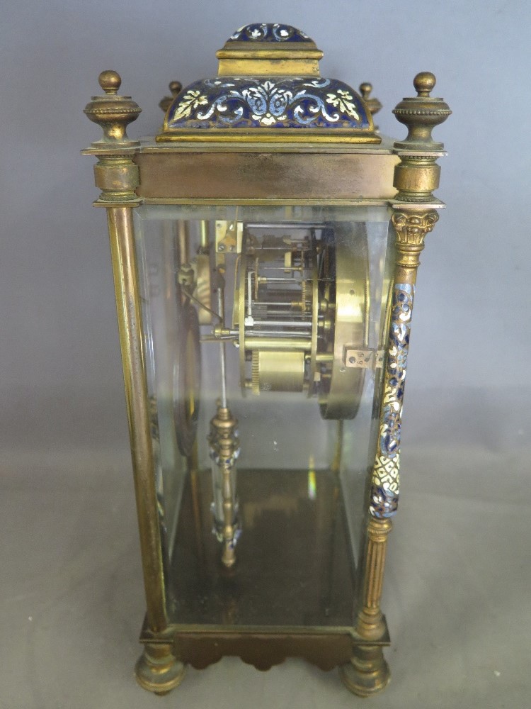 A good quality four glass gilt brass French Champleve enamel mantel clock with a 10cm dial, - Image 4 of 5