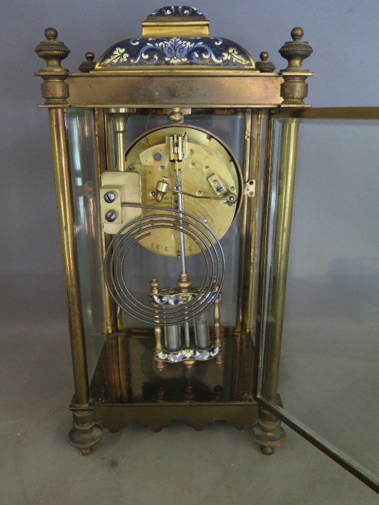 A good quality four glass gilt brass French Champleve enamel mantel clock with a 10cm dial, - Image 3 of 5