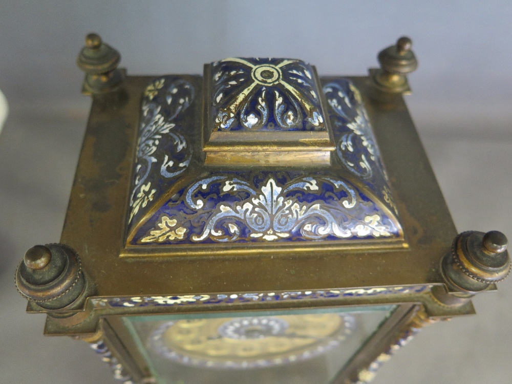 A good quality four glass gilt brass French Champleve enamel mantel clock with a 10cm dial, - Image 5 of 5