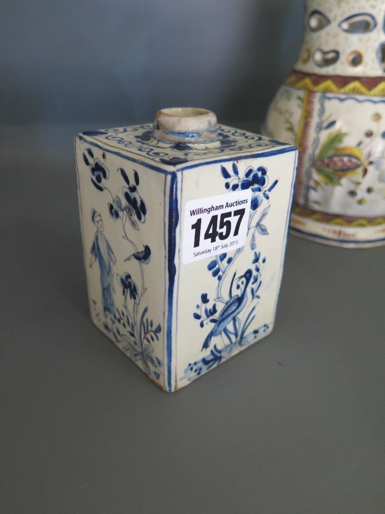 A Delft blue and white square form tea caddy minus lid, decorated with Chinese figures, - Image 3 of 7