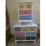 A multi coloured chest of drawers and ma