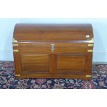 A brass inlaid hardwood dome top trunk with an internal tray 91cm wide x 63cm tall x 50cm deep