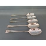 Five mid/late 18th century Irish old English pattern dessert spoons - bottom marked John Craig,