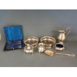Silver plated ware comprising of cake forks, condiment set, a pair of bottle coasters,