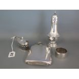 A silver hallmarked hip flask, sugar sifter, mustard and napkin ring - Weight approx. 10.1 troy oz.