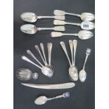 Five hallmarked silver fiddleback teaspoons, six hallmarked silver teaspoons with golf motif's,