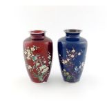 Two modern Japanese enamel vases, tapering circular form, one with blossom and birds on a blue
