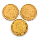 Belgium, Leopold II, 20-Francs, 1870, 1877, 1878 (F 8).  Very fine.   (3)