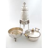 A French electroplated wine cistern and bowl, tapering fluted oval form,  pull-off domed cover