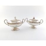 A pair of George III old Sheffield plated two-handled sauce tureens and covers, by Henry Tudor and