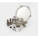 A mixed lot of silver items, various dates and makers, comprising: a waiter, of circular form, by