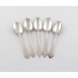 A collection of five Queen Anne Dog-nose spoons, the oval bowls with plain rat-tails, two with