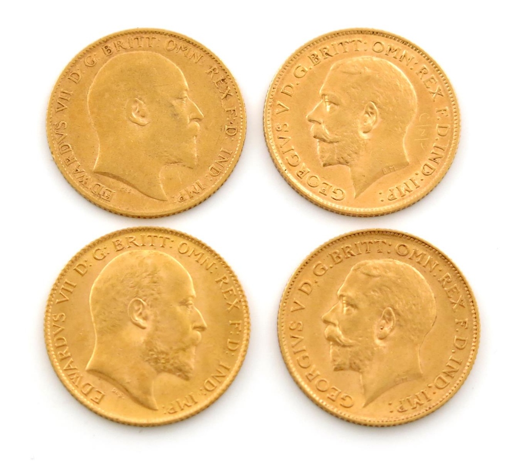 Edward VII and George V, gold Half-Sovereigns (4), 1908, 1909, 1912 (2).  First fine others very