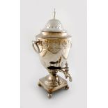 An electroplated tea urn, unmarked, vase form, with foliate decoration, pull-off cover with urn