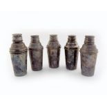 Five electroplated cocktail shakers, by A.T.T and Co,  tapering circular form, pull-off cover,