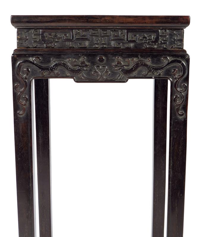 A pair of Chinese hardwood jardinière stands, each with a panelled top above a carved frieze - Image 2 of 28