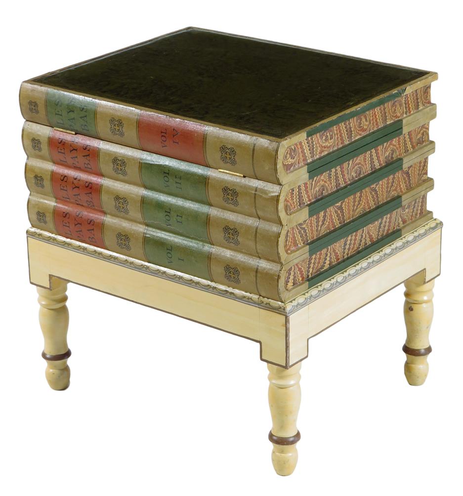 A painted wood and leather faux book occasional table, with a hinged top on turned supports, modern,