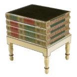 A painted wood and leather faux book occasional table, with a hinged top on turned supports, modern,