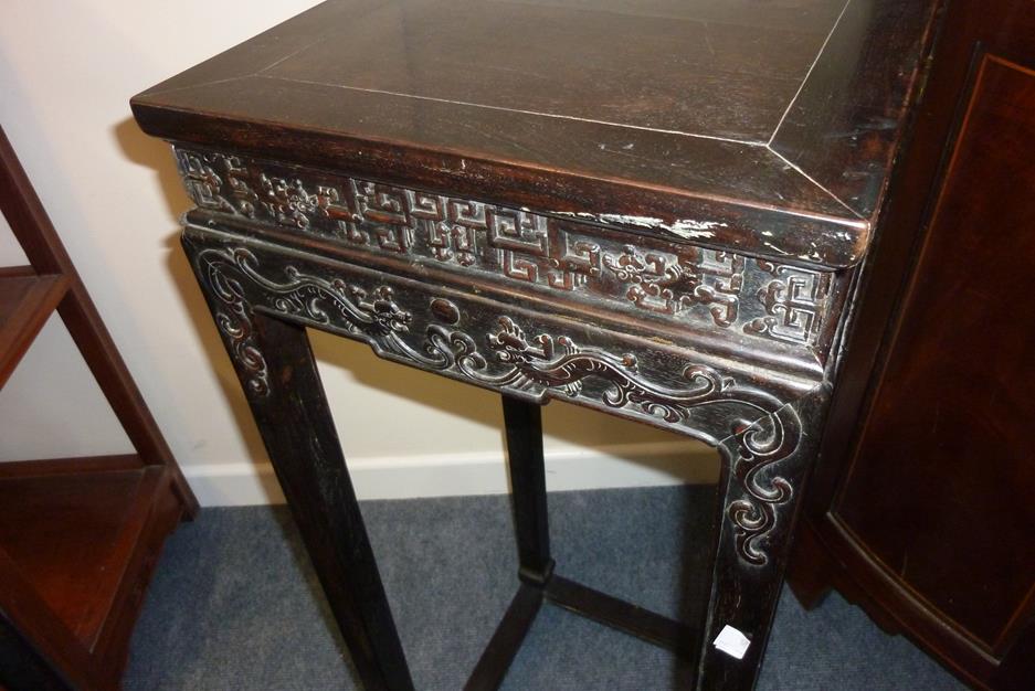 A pair of Chinese hardwood jardinière stands, each with a panelled top above a carved frieze - Image 15 of 28