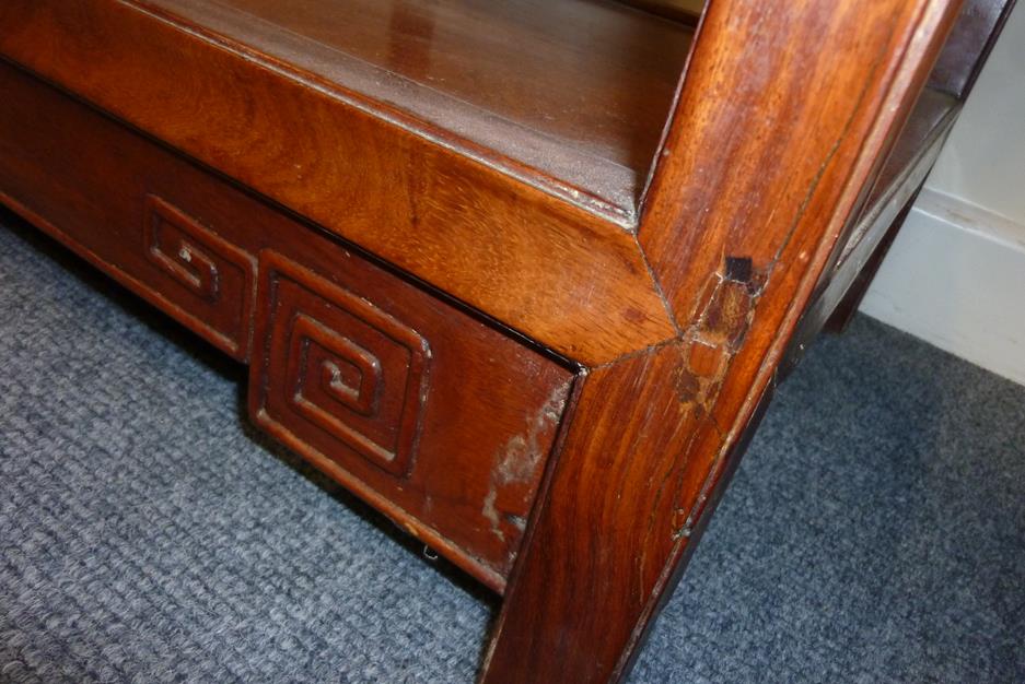 A pair of Chinese hardwood Ming style open display shelves, the bases carved with Greek key - Image 9 of 23