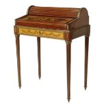 A French mahogany and brass mounted bureau de dame, the top with a tambour above a Vernis Martin