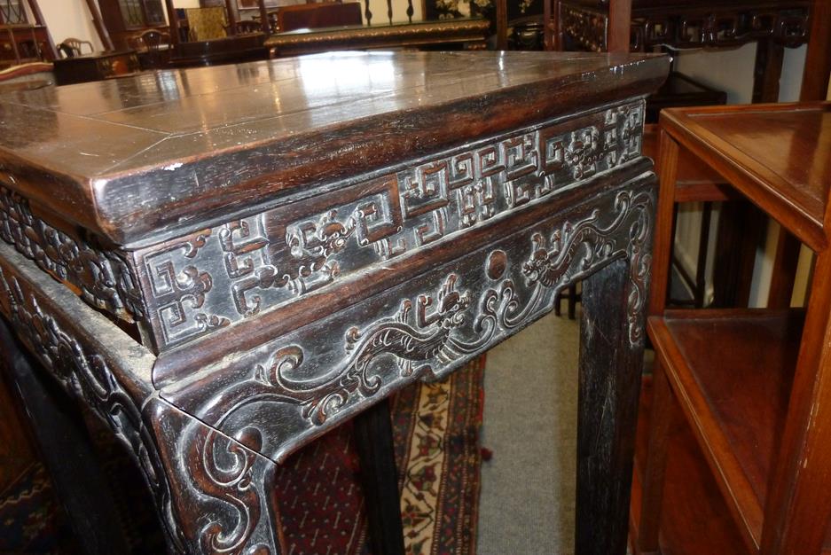 A pair of Chinese hardwood jardinière stands, each with a panelled top above a carved frieze - Image 18 of 28