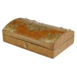 A Victorian burr walnut and gilt brass mounted jewellery box, with strapwork mounts and a plush