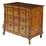 A Dutch oak and marquetry commode, inlaid with flowers, urns and butterflies, later converted into a