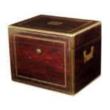 λ A 19th century French rosewood and brass mounted toilet box, the hinged lid with a vacant plaque