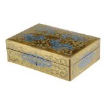 A mid 19th century cut brass and mother of pearl sewing box, decorated with scrolling foliage on