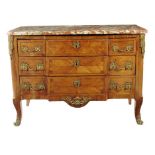 A Transitional kingwood commode, with ormolu mounts, the moulded incarnat turquin marble top above