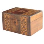 A 19th century German walnut and parquetry sewing box, the interior with a divided lift-out tray