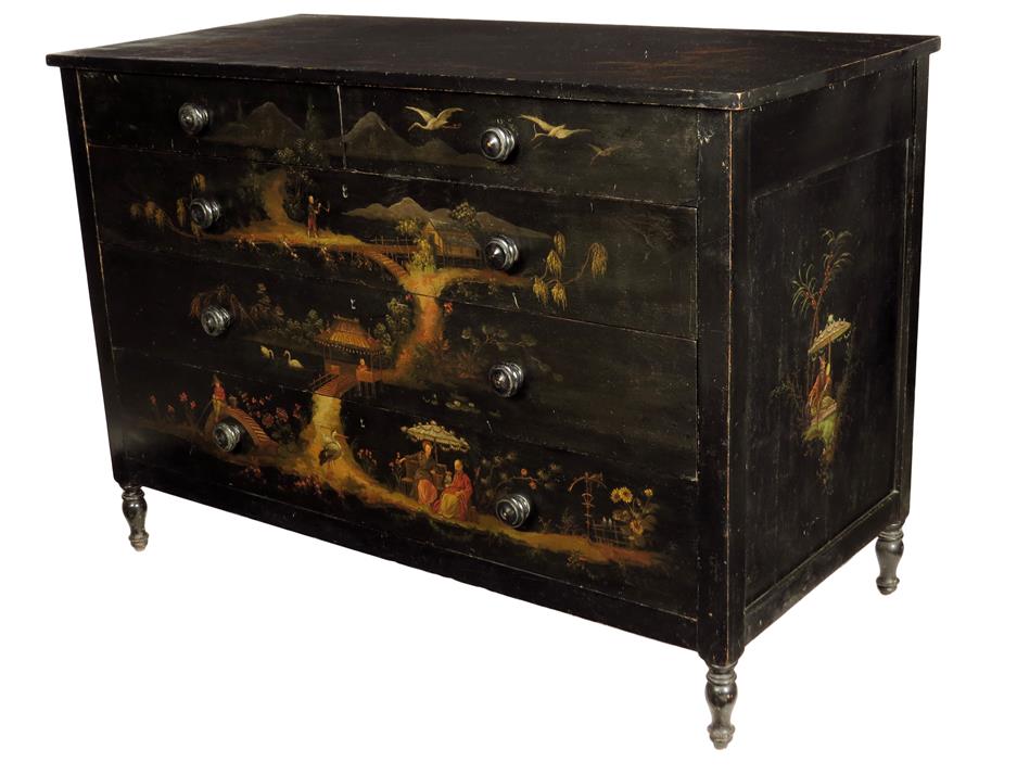 A late 19th century French ebonized and painted commode, decorated with chinoiserie scenes, with two