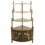 A late 19th century oriental style lacquer bowfront corner cabinet, with four open shelves with faux