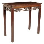 λ A Chinese rosewood side table, the panelled top above a carved fret and ball frieze on square legs