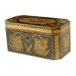 A Regency penwork tea chest, of canted form and decorated with panels of leaves, the interior with a