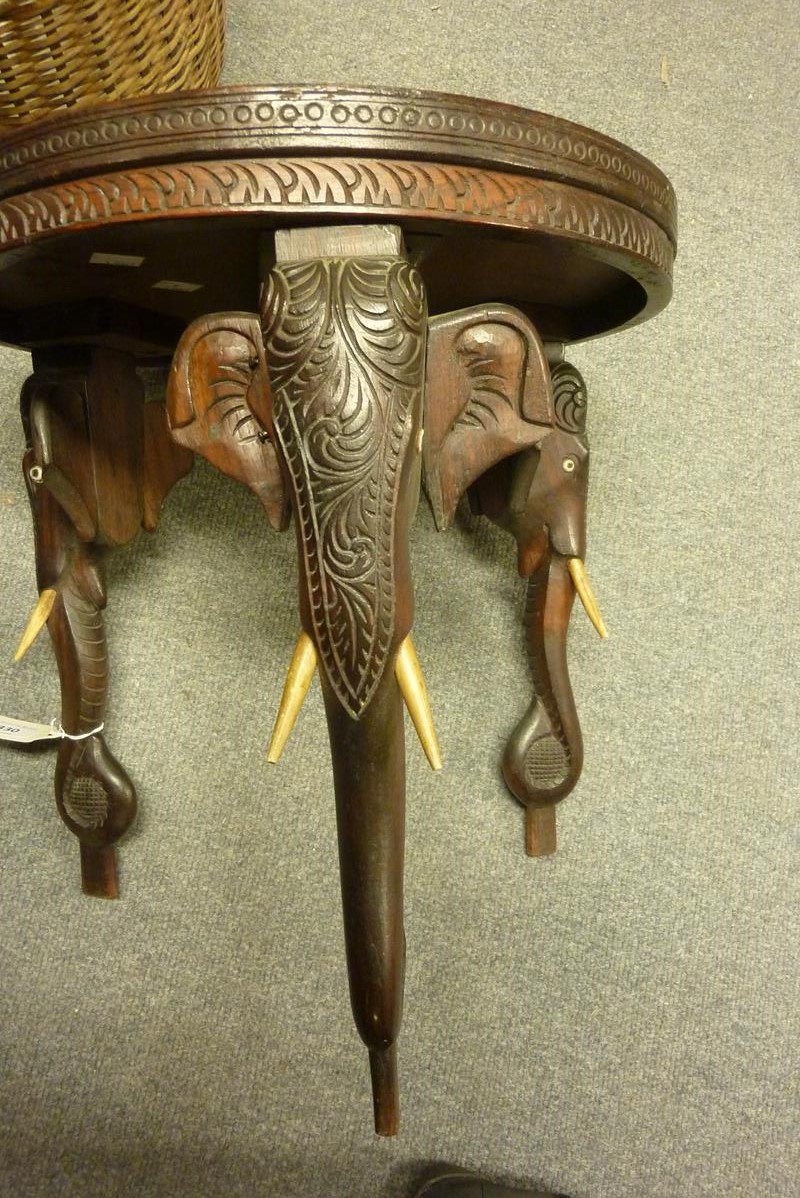 An Indian hardwood occasional table, on three elephant's head and trunk legs, late 19th / early 20th - Image 3 of 7
