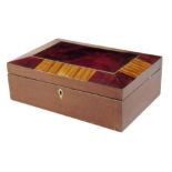 A 19th century mahogany and satinwood work box, the interior with marbled paper edging and fitted