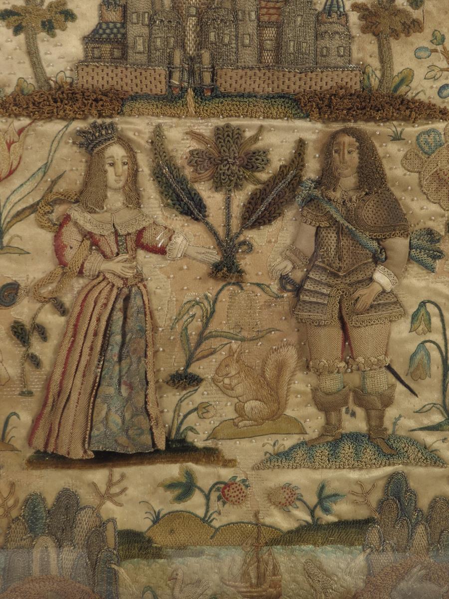 λ A Charles II stumpwork embroidered picture, depicting King Charles II with Catherine of - Image 4 of 22