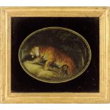 A 19th century reverse glass picture of a tiger, in a verre églomisé mount within a giltwood moulded