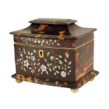 λ William IV tortoiseshell pagoda shape tea caddy, inlaid with mother of pearl flowers, leaves and
