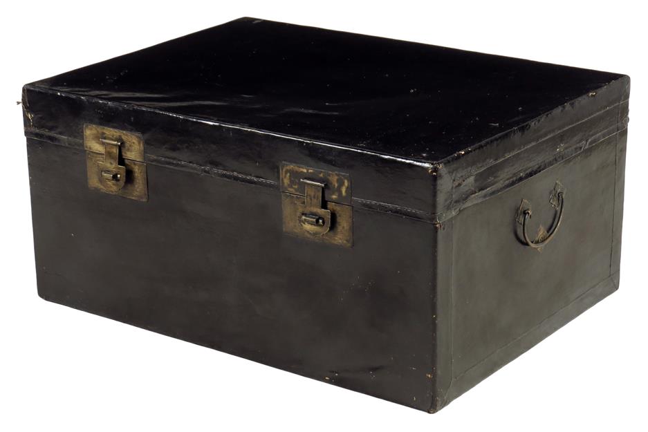 A Chinese stained vellum trunk, with brass side carrying handles and clasps, early 20th century,