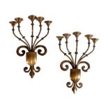 A pair of 17th century style bronzed five light wall appliques, with scroll back plates, 63.6cm
