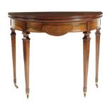 λ A late Victorian rosewood demi-lune card table by Hampton & Sons, the fold-over top on twin gate